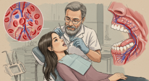 A visually striking digital image depicting thousands of red blood cells swirling together to form the shape of a tooth. The tooth appears to glow softly against a dark, medical-themed background. A faint X-ray of a human skull is subtly visible, reinforcing the connection between oral health and overall well-being. The composition highlights the intricate relationship between dental health and the circulatory system