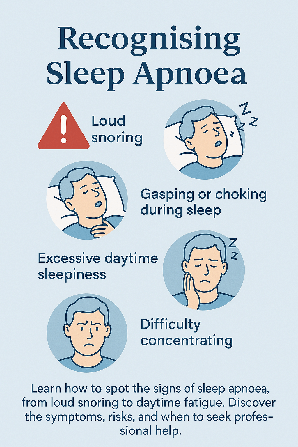 Digital infographic titled 'Recognising Sleep Apnoea' showing a person sleeping with airflow obstruction symbols, icons representing symptoms such as snoring, headaches, and fatigue, and a section highlighting the role of dentists in detecting the condition.
