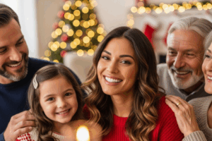 woman smiling with her family at christmas after teeth whitening